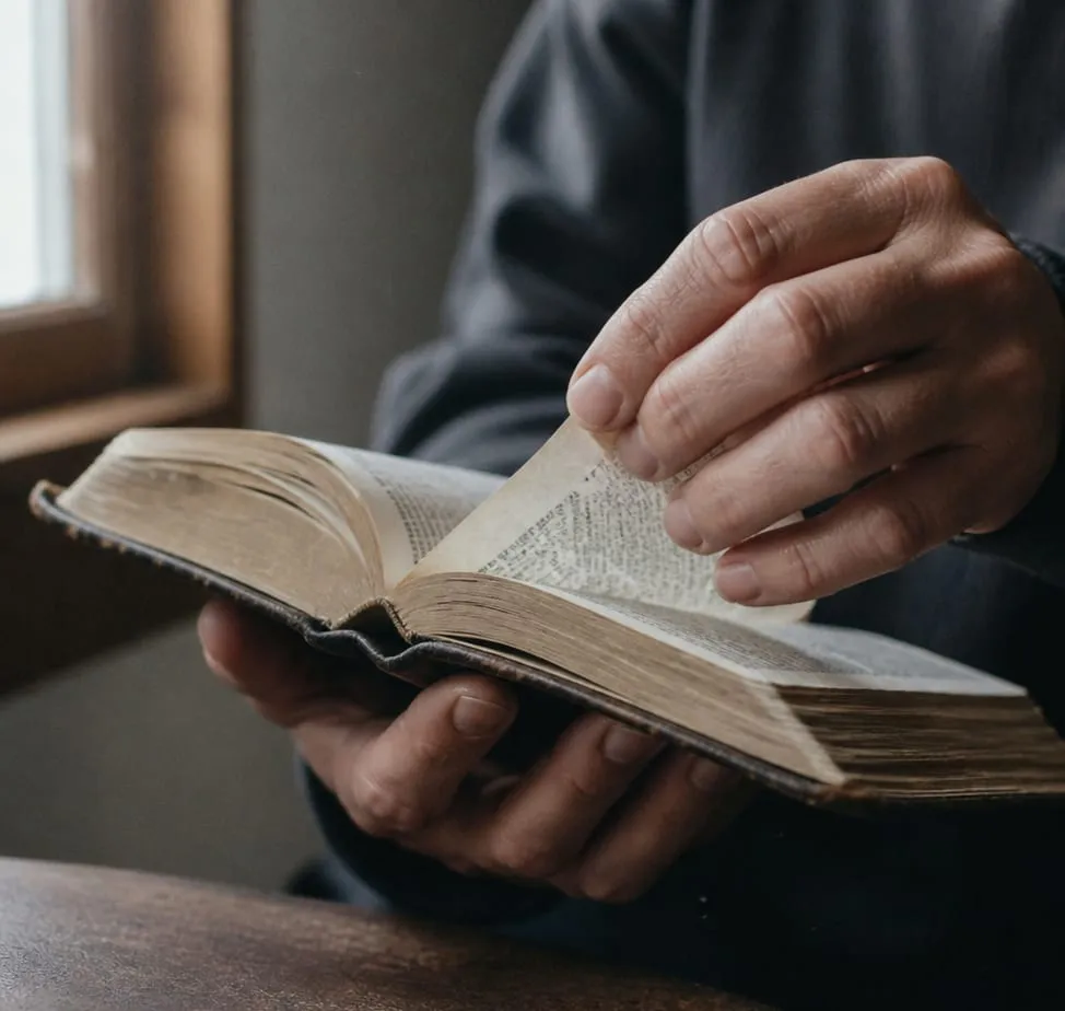 A man turning the pages of a worn Bible