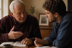 Two men studying open Bibles together at a table