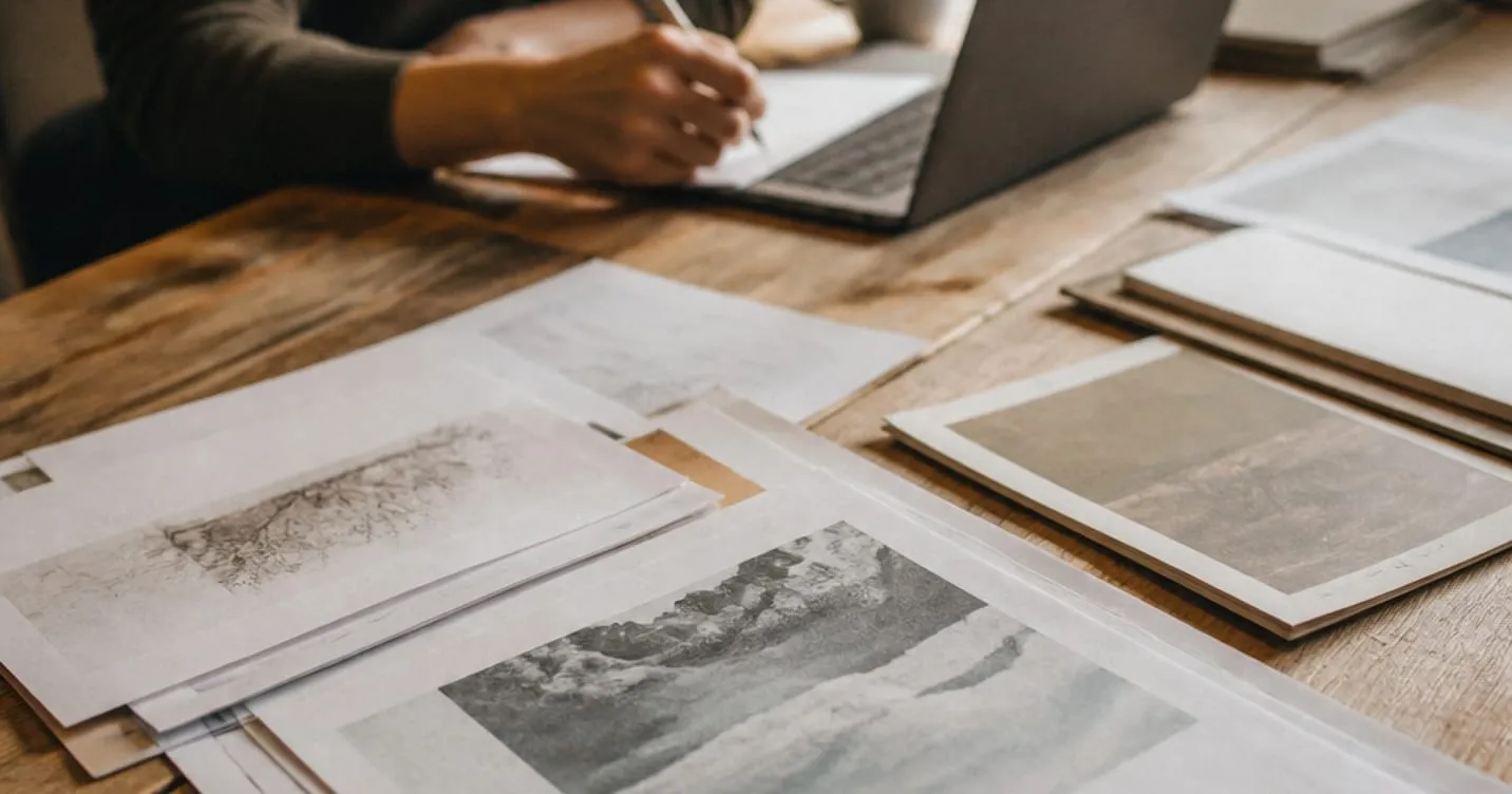 Printed study pages spread across a desk beside a laptop