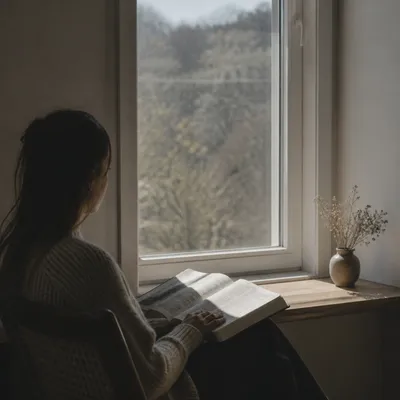 Woman reading the Bible by a window